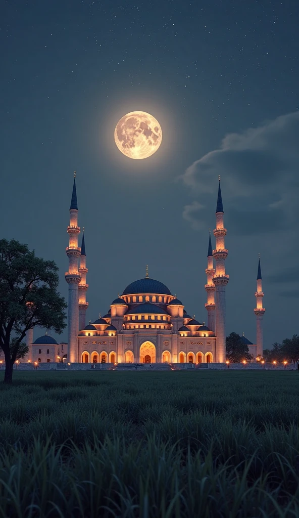 a view of a mosque with a full moon in the background, a digital rendering by Kamāl ud-Dīn Behzād, shutterstock, hurufiyya, arabian night, with beautiful mosques, ☁🌪🌙👩🏾, arabian nights, minarets, mosque, at night with full moon, beautiful moonlight night