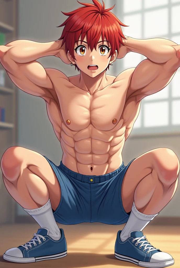 From girl to boy,((Height one meter five)),yo,Solo,One man only,Shirtless,Wear only shorts,In an empty house that is uninhabited,blushing slightly,A slight smil,Swollen muscles,Barefoot