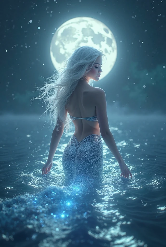 Nereid of the Moon Albino skin pale like the Moon bleached faded smooth sparkling pearly long straight platinum white hair sparkling pearly silver eyes looking at the distant horizon seductive beauty inhuman divine melancholic eternal indescribable seductive provocative attractive temptress irresistible on top of a rock in the middle of the ocean the lonely needy night just wanted to love and be loved waiting patiently to be found by someone who truly loves her realistic conceptual art High resolution, breastsout, 独奏, gazing at viewer, jewel, cloused mouth, eyes locked, aretes, tears, sheen, Masterpiece artwork,