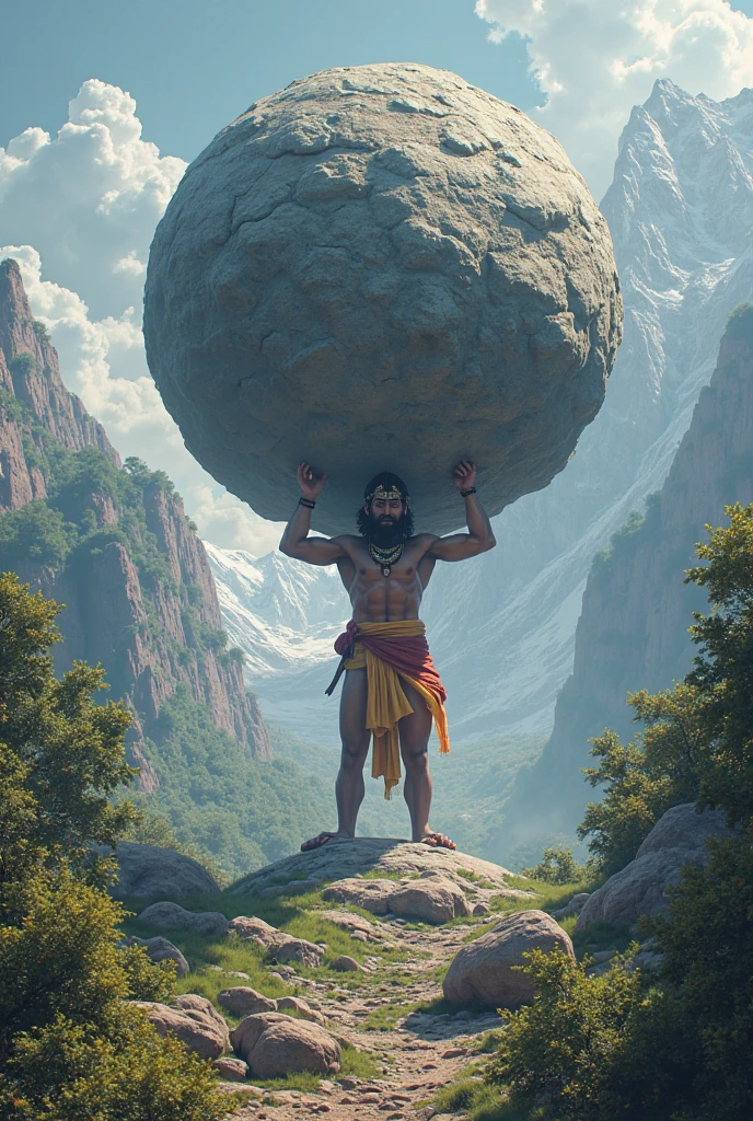 Mountain: Hanuman is carrying a large mountain in one hand, showing his immense strength.