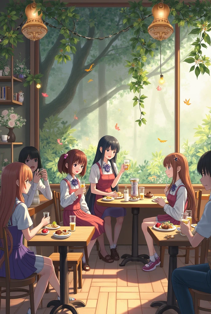 An illustration of high school girls studying in a Ghibli-style cafe