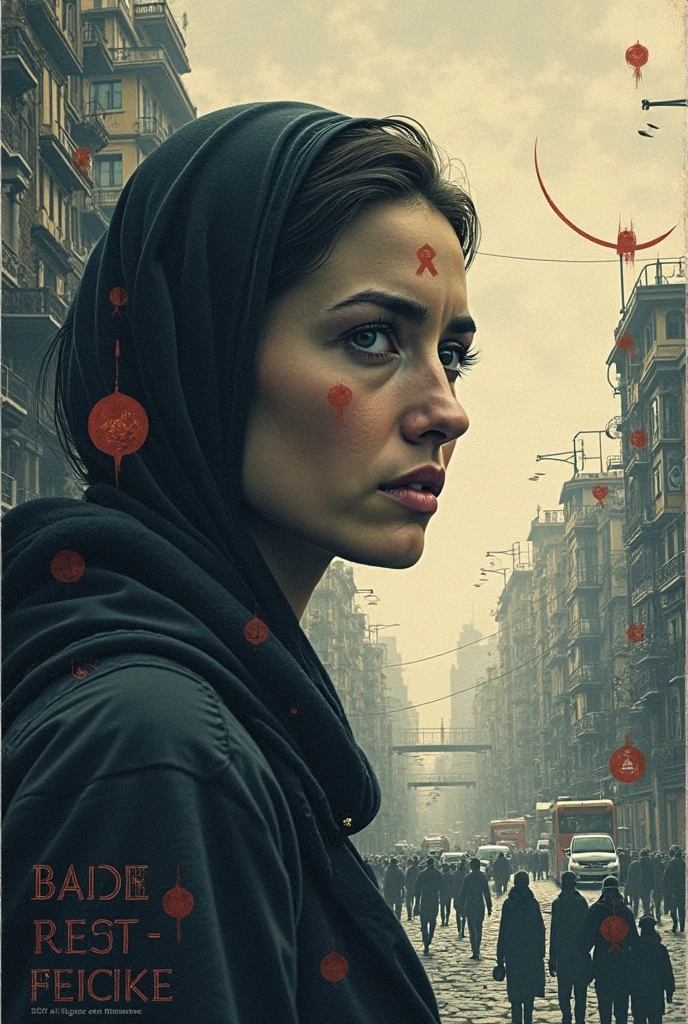 With headscarf, veiled and wearing red high heels, A dominant woman with a whip in her hand and a collar on a man who is lying at her feet in the other hand lives in Tokat province. In the sky " Sahibe Salome" writes.