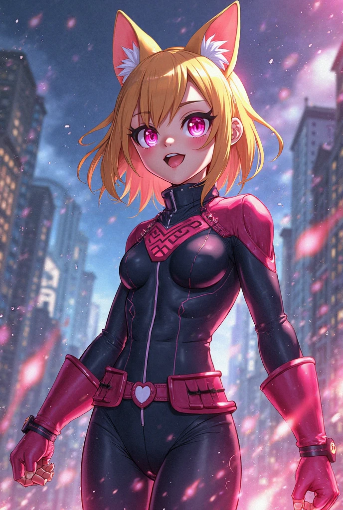 masterpiece, best quality, highres, aalamb, short hair, hair bow, red bow, beret, pink headwear, red eyes, <lora:lambdadelta_v1:0.7>, cyberpunk, bodysuit, gloves, night, cowboy shot, grin,
