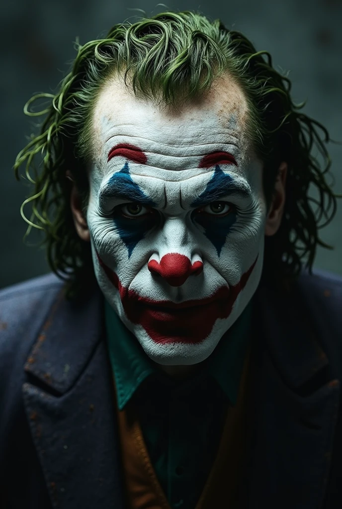 The Joker's face in an image seen against a black background with the facial features of actor Heath Ledger, focusing on his intense gaze with penetrating brown eyes, prominent pale and thin cheekbones, with a light and macabre smile, as if planning his Next movement, the general senario is dark and menacing in the streets of Gotham with fire on a rainy night, with subtle touches of gradient shadows on the face, enhancing the sinister atmosphere.