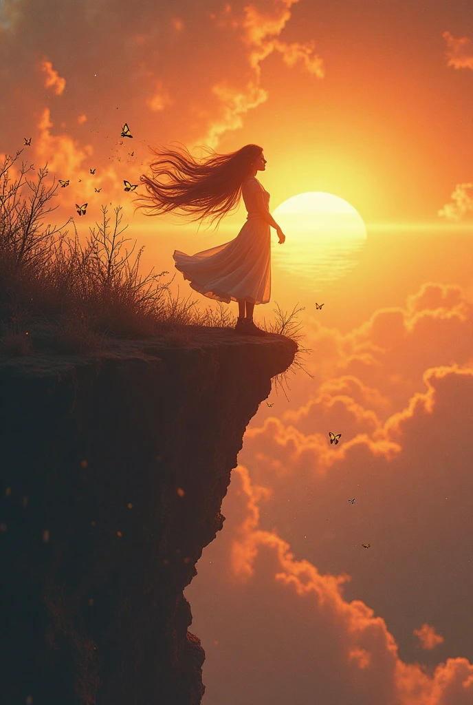 
### 9. **Hosley Ki Udan** (Honsle Ki Udaan)
**Image Prompt**: A metaphorical scene of a young woman standing at the edge of a cliff, spreading her arms wide as if ready to take flight. Behind her, the sky is filled with birds soaring freely, representing the limitless possibilities of courage. The wind blows through her hair, and the expression on her face is one of determination and confidence.