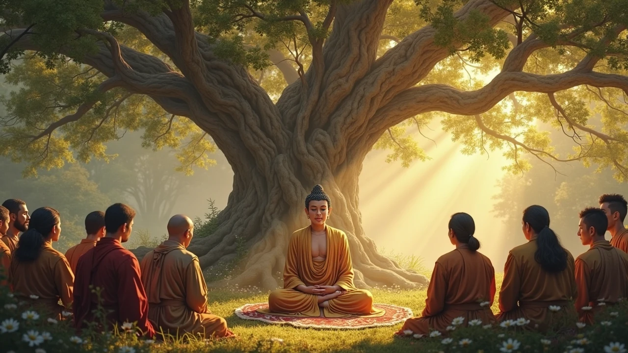 Create an image of the Buddha seated calmly under a large, peaceful tree, radiating serenity. In front of him stands an angry man, his face contorted with rage, shouting insults with animated gestures. Despite the man’s intense anger, the Buddha remains tranquil, his expression serene and composed. Around the Buddha, the scene should feel light and peaceful, with soft light filtering through the leaves of the tree, while the area around the angry man appears darker and more turbulent, emphasizing the contrast between anger and peace. In the background, a few of the Buddha’s followers observe the scene with quiet understanding, subtly illustrating the powerful lesson unfolding before them.