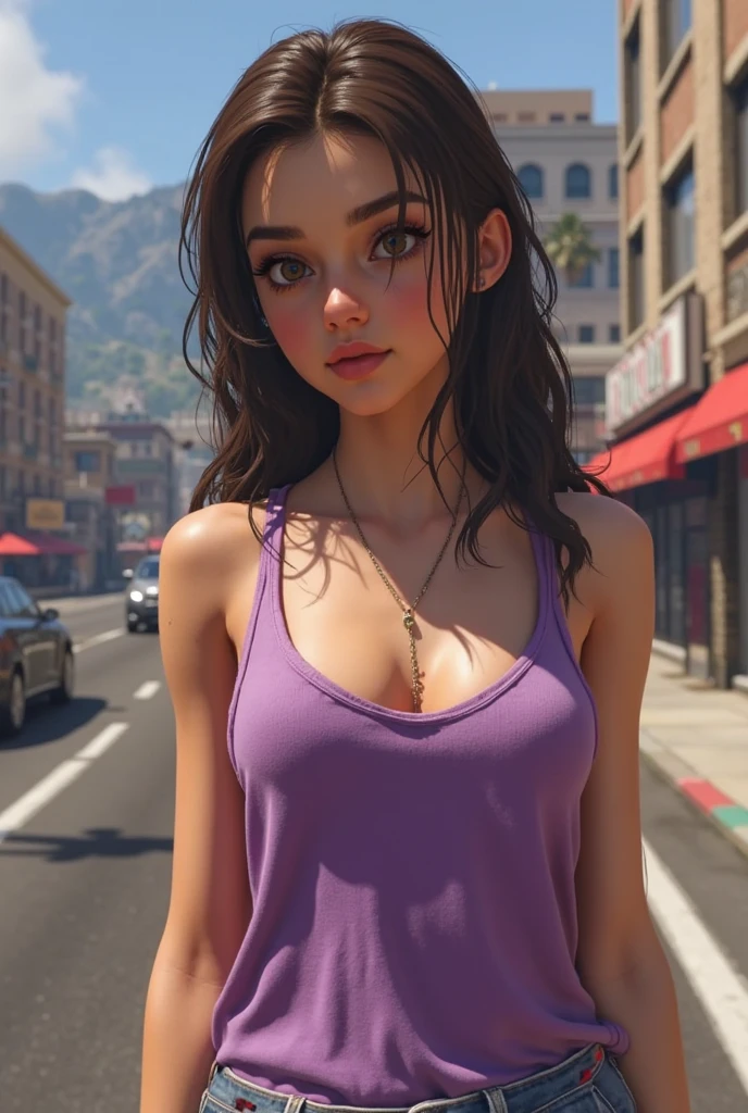 (best quality,4k,highres,ultra-detailed,realistic:1.2), a thin girl with huge  breasts,messy  hair with a pigtail ,  thin body , flat abs,  big chest, fitted white tank top, earrings , necklace out in the street at night, neon lights and advertising, close-up portrait 