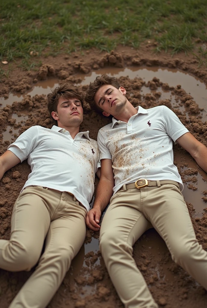 full view, 2 young blond guys in very filthy white socks, shirtless , muddy, wearing dozens of golden rings, golden chains, watch, fashion haircuts, kissing , lying on the ground, in their muddy socks, background river at night, lot of mud