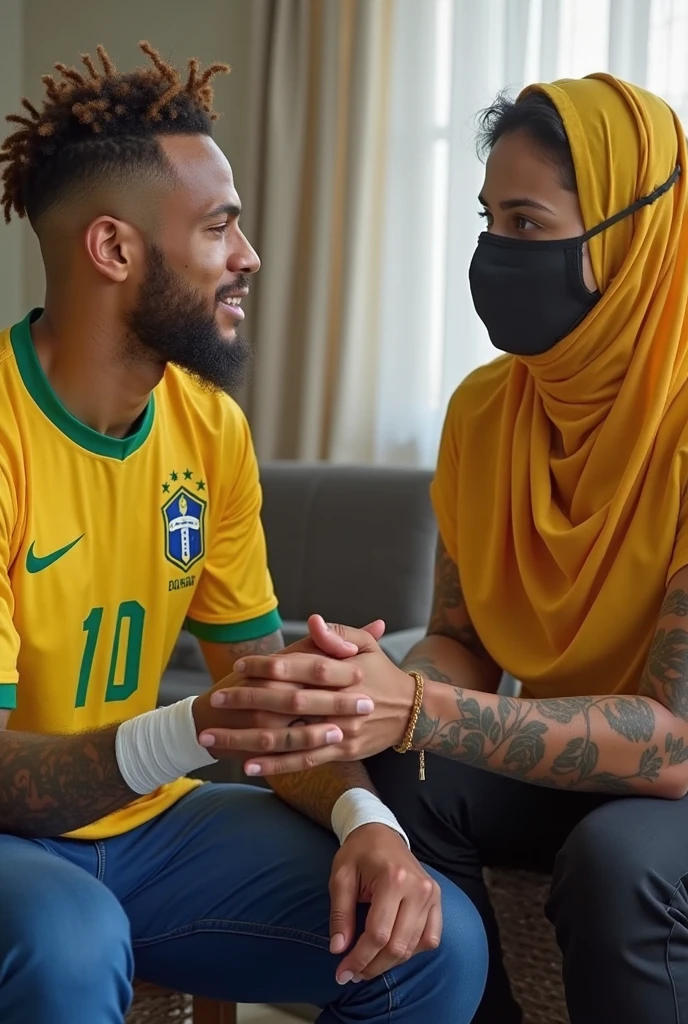 Create an image of a Brazilian man wearing the national team jersey and having explicit sex with his Saudi female friend who is wearing a veil and black clothing, typical saudi women&#39;s clothing 