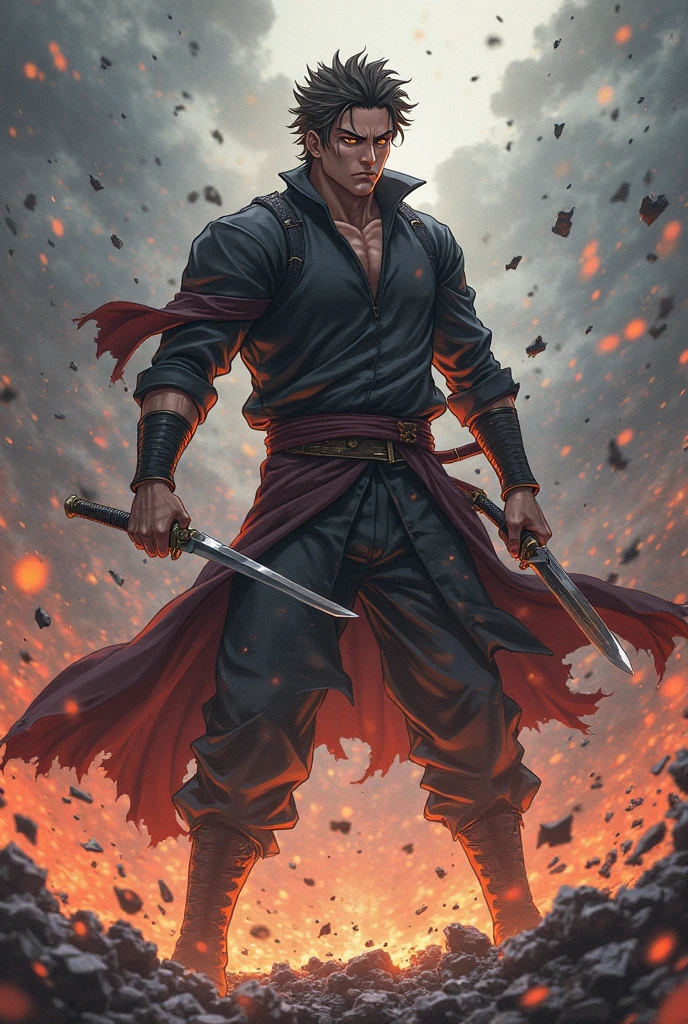 Burly character, 1.85 Height, egocentric look, dark hair, short hair, tanned skin, a sword with a chain, ninja mask, ninja clothes, Baggy pants.Scars on the face, Egocentric look, medieval world, ruined castle and fire background
