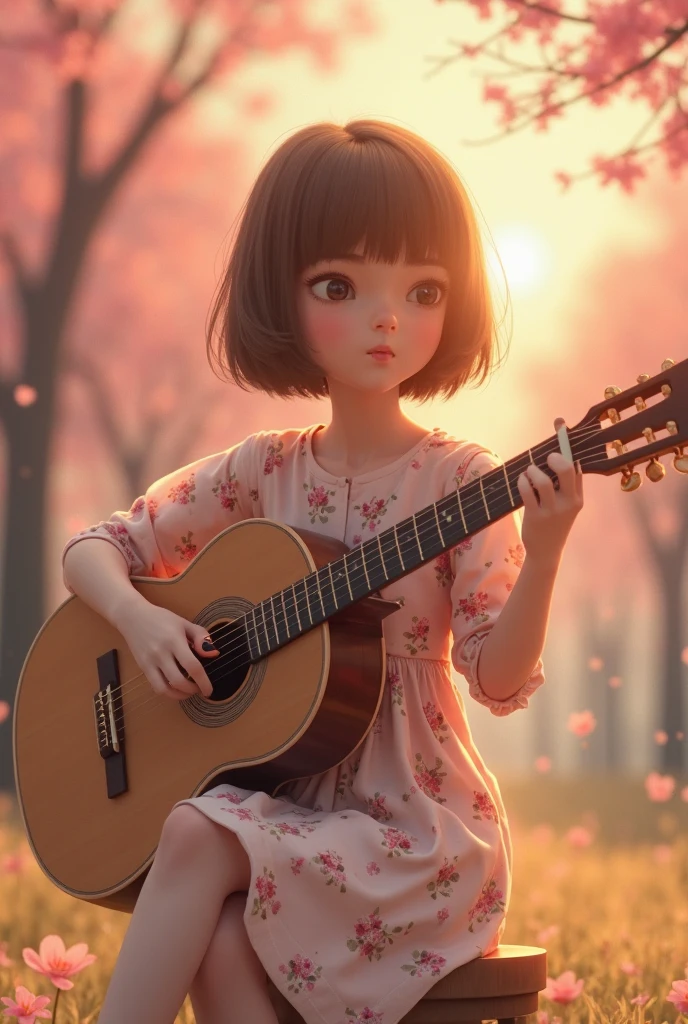 5 years old girl, wears with a red dress, Sing with a guitar, little white blossoms are falling all over the sky,