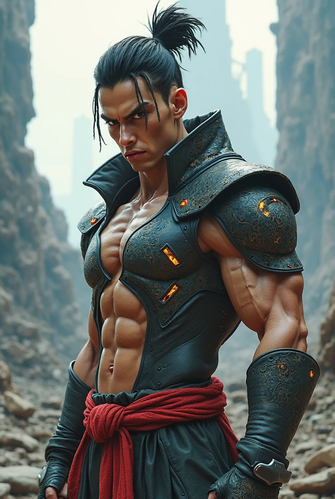 Imagem realista de 8K de homem bonito de 23 anos, longos cabelos castanhos, olhos castanhos, vestido com camisa casual preta simples, with bandages on arms, angry expression, standing under a desert night sky, estilo de arte de anime