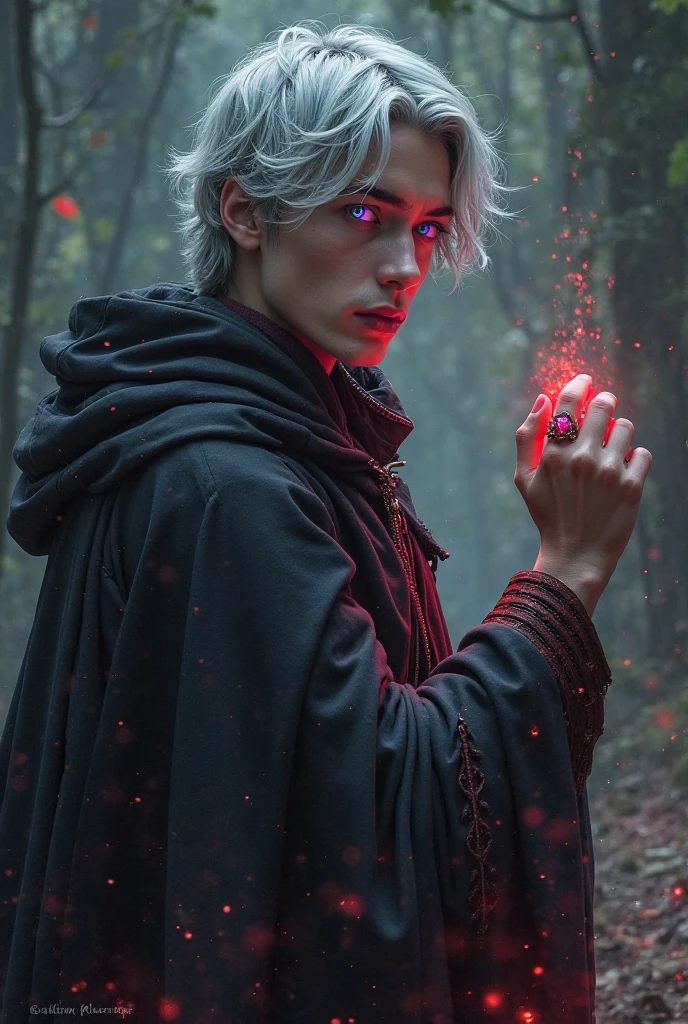 Character based on the world of Lord of the Rings, A high-fantasy horror, dark lord, a teenager half-elf boy with silver short hair and purple eyes, Dark wizard, A boy wearing a black long cloak, mirkwood, younger half-elf sorcerer, high realism, red and dark magic