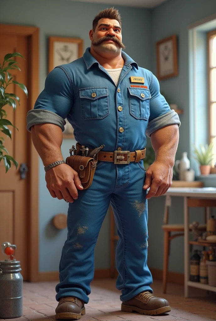 Authentic style，A strong foreman stood at the door and greeted，Standing，Plumber，Toolbox in hand，There are chains around the neck，40-year-old Asian man image，Canine，Tiger Teeth，Looking at the camera，Slobber，Place your hands behind your body，beard，Plumber服服，Work Clothes，A kind expression，Kind uncle，A polite greeting，Black short hair，Very short hair，（Fat-encapsulated muscle），Mermaid line，Overalls，(There is a huge King Oyster Mushroom in my pants)，Leg hair，Thick body hair，Black body hair，Leg hair，cloth shoes，toe，Sexy men，full-body shot，Real person photos，Correct anatomical shape of the limbs，Full body shot，Fine skin texture，Wooden walls，Soft Light，Low contrast images，Highest quality，4k quality，