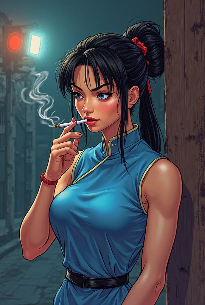 ultra-realistic 8k CG, masterpiece, ((ultra detailed background, fine drawing, intricate details, high detail, better quality fine details, hyper-detailed face)), beautiful lighting, absurdity, RAW photo, film grain, Azula, 1girl, solo, black hair, brown eyes, makeup, lipstick, red lips, lips, single hair bun, side strands, hair decoration, ((big breasts, slim girl)), ((unbuttoned kimono)), ((complex detailed background,  inside, dim lighting, capricious lighting, inside the castle, castle wall, inside, medieval castle environment))