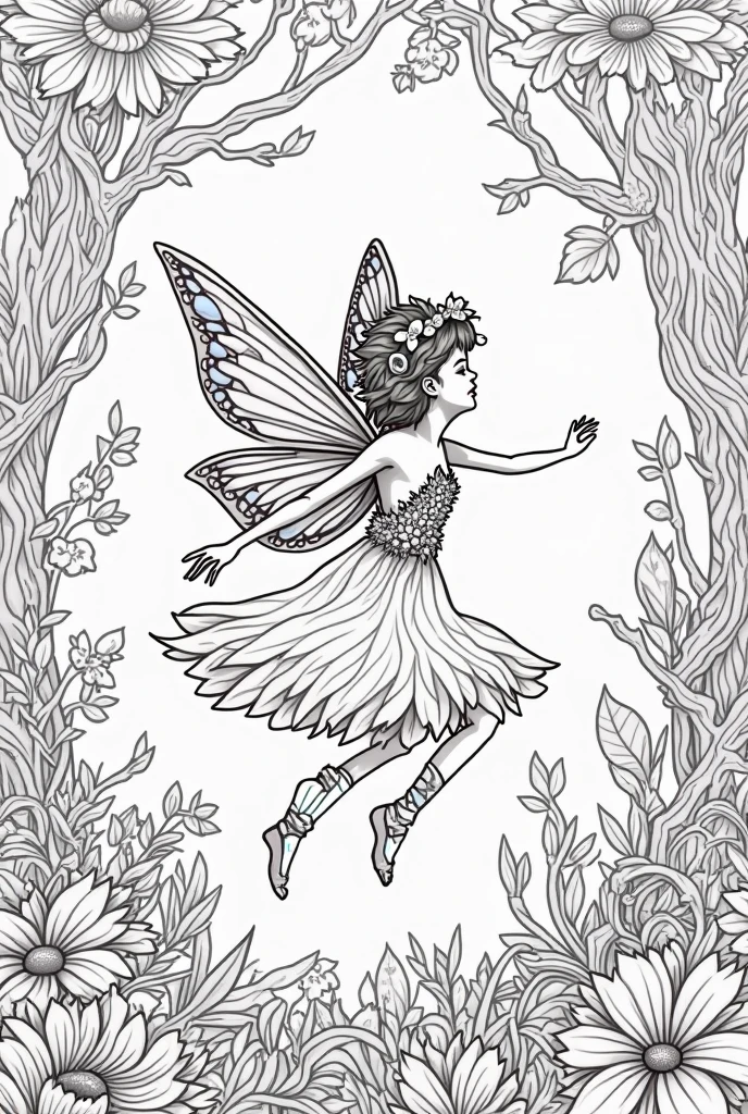 A fairy surrounded by enchanted creatures in a magical forest. Include elements such as delicate fairy wings, ethereal glow from magical plants, tiny fairy houses nestled among flowers, and intricate patterns of vines and leaves. The scenes should evoke a sense of enchantment and wonder, for coloring pages, full white,clean line art, children's style, magic forest background, full body, Sketch style, playful style, childrens,coloring page, clean line art, white background, colouring page, clean outline