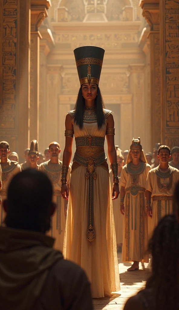 zendaya portrayed as Cleopatra, in front of a large statue of the god Anubis, phophotorealistic portrait, dramatic, cinematic, 4k resoltion, hyperdetailed, dramatic scene, full body angle, back view,