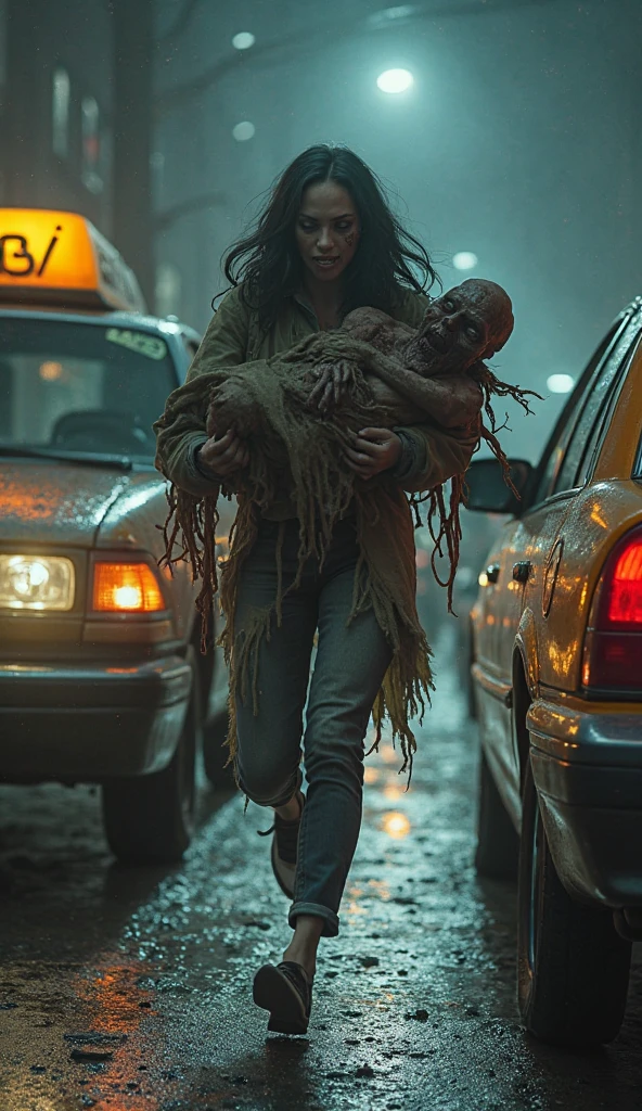 ((best quality)), ((masterpiece)), (detailed), perfect face, Envision a digital artwork of a zombie outbreak in a bustling city, with abandoned cars, panicked citizens, and the undead roaming the streets, creating a chaotic and terrifying scene. Use a dynamic composition and dramatic lighting to convey the chaos and fear.