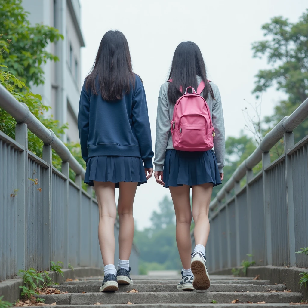 Back view of 9-year-old siblings wearing elementary school backpacks