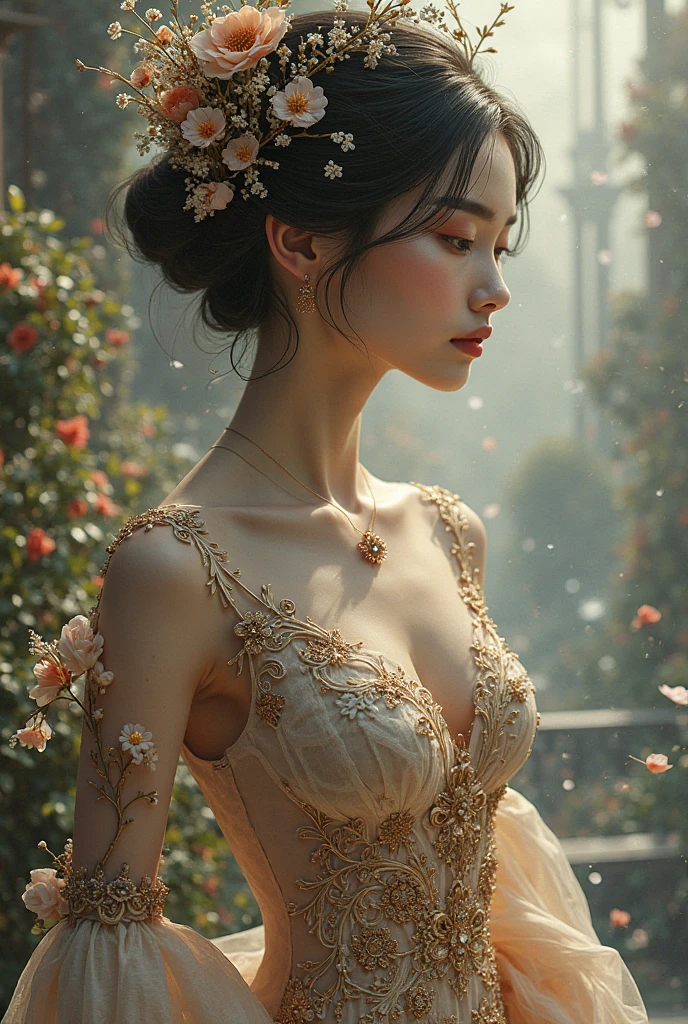 （Quality Improvement：1.4）， 1 girl, In the flowers, Full breasts，Visible cleavage，Sexy long legs，The skirt is very short，She gently lifted her skirt with one hand,Surrounded by white Phalaenopsis orchids，Lilac dendrobium、White Lily, Flying petals，（Top quality leather), Delicate face,Black Hair, Gradient hair, Body,（Body1.1）, He has a precious gem on his forehead..., brilliant student，Long eyelashes,Smile, Surrealism, Movie Lighting, Projection Insert, Surrealism, Ultra HD, masterpiece，lie，Keep dreaming，Open your legs slightly.，Tattoo，Fantasy Space，Luxurious space，Exquisite makeup，blush，Shy expression