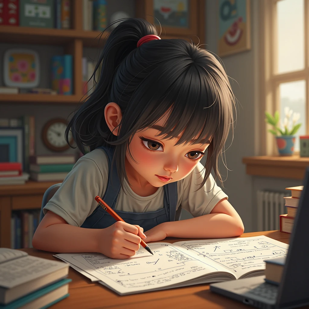 Desenhar anime - alegre lendo e estudando um livro em um quarto, sobre uma escrivaninha com vaso e plantas, 1 nearby lamp, janela mostrando a noite com luar,
,