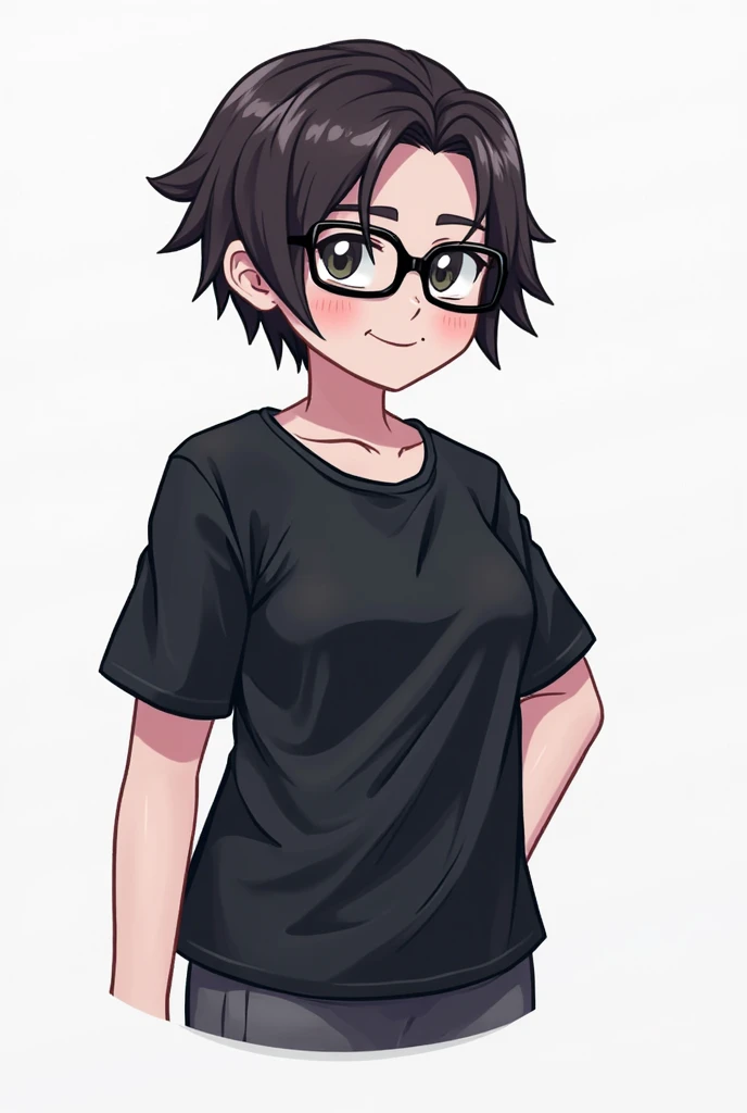 young girl, young girl with short hair, light blue hair stroke, glasses, golden eyes, young girl , wearing a black pajama, frown, blush, solo girl, dark blue hair, wavy short hair, tousled hair, solo girl, girl focus, 1girl, flat girl, blushing, crying, tears, tummy ache, holding tummy, hand on tummy,