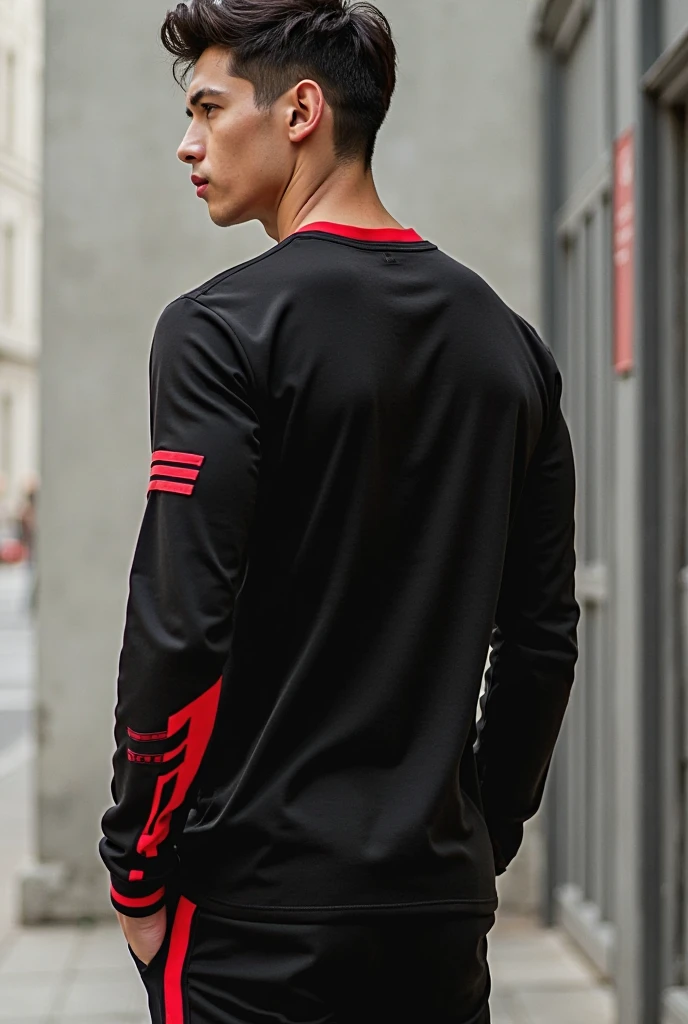 Jacket. Black body. Red arm. Abstract Malaysia flag design on the back at top right shoulder 