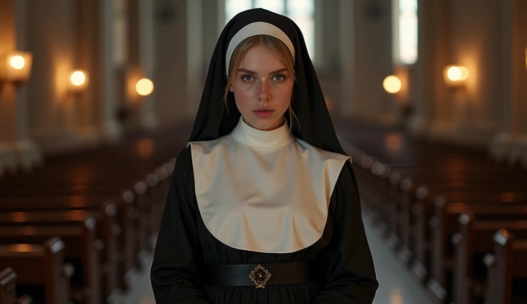 Mature beautiful italian woman、Blonde Hair、With bangs、Green Eyes、smile、Saggy breasts、Slim body、Monastic uniform、Nuns、Standing before the cross、In the church