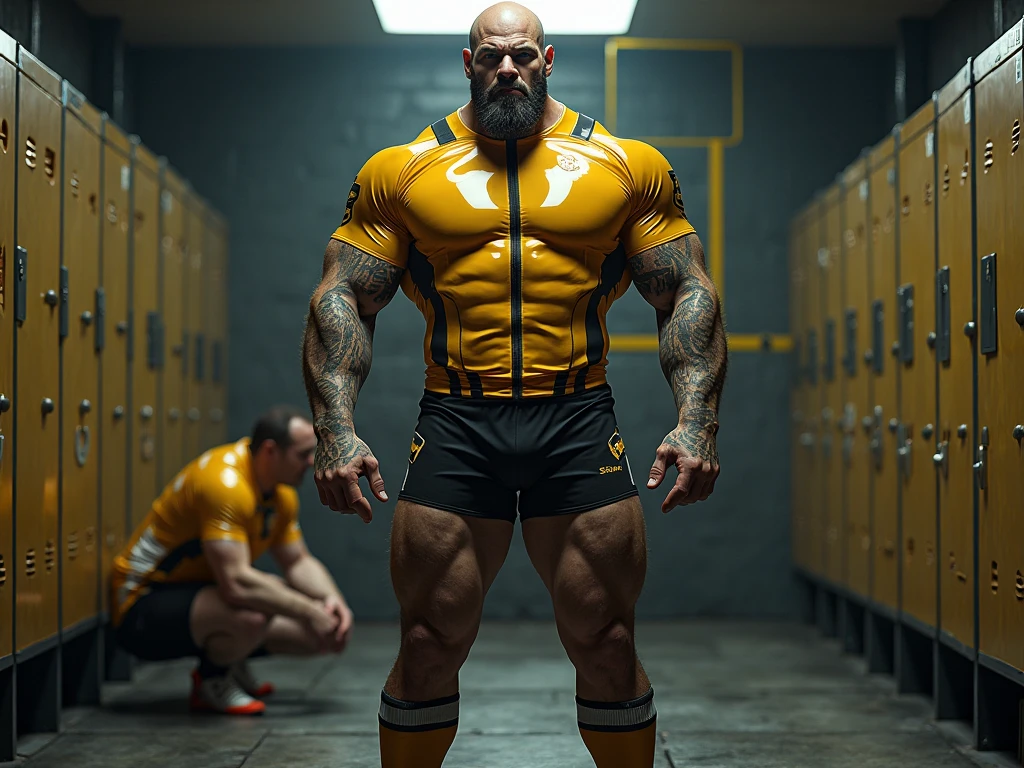 There is only one handsome Asian actor in the photo，35 years old，High target, Fitness，short hair, O-Shaped Beard，Perfect body, Dark skin color，Radiant Skin，Smooth skin，Muscle bulge, muscular, Very large pectoral muscles，Very sexy abdominal muscles，Very well-developed leg muscles，Huge concave and convex area，Brightens oily skin，Wearing black leather shiny thong，Handsome face， Correct and accurate male body proportions, Wear black socks，Lying on gray background。