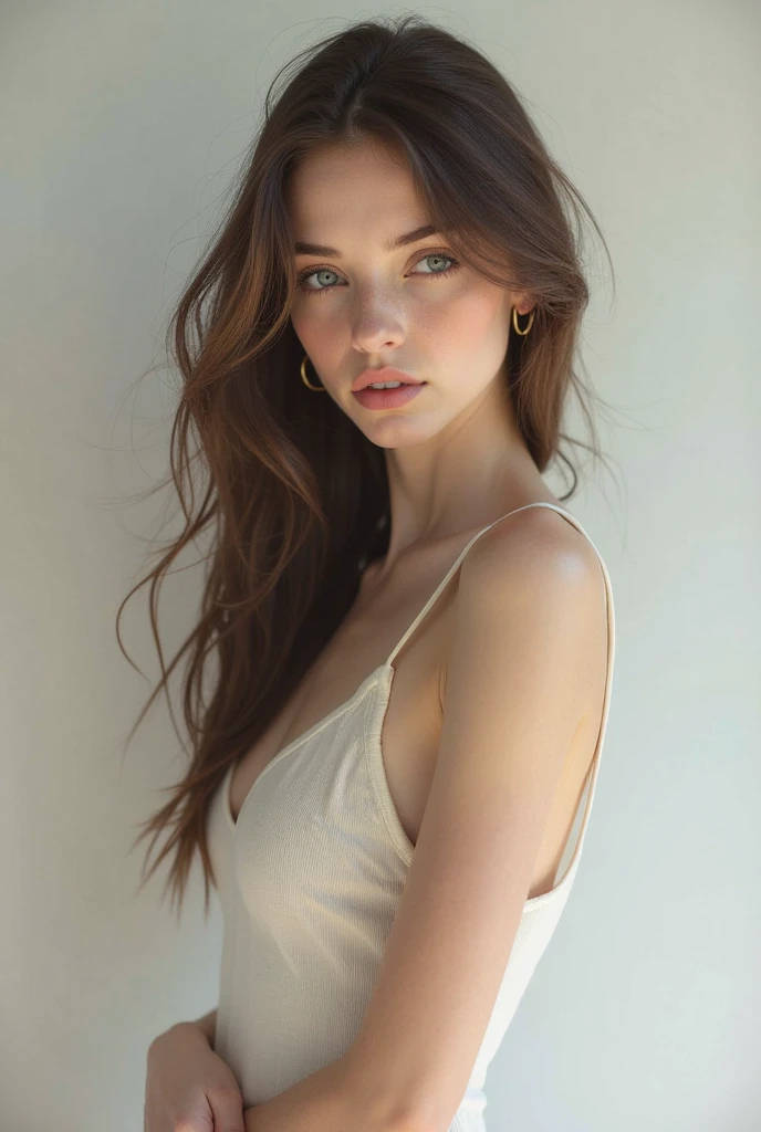 (((ultra realistic))) Photo, masterpiece, top quality, (pale skin), (Ultra detailed face and eyes:1.3), 1 girl, Adult, in a T-shirt, (Eye makeup, mascara) , ((large detailed lips)), ((ash wavy hair)), ((Chyolka)) , (Natural breasts), Slim waist. ((Posing)), photoshoot, studio (soft lighting), (The play of light and shadows), depth of field, bokeh, (special attention to skin detail: 1.2), Detailed leather texture, skin pores. (Airy atmosphere of the frame. Color range - delicate, Bright, white, Pink tones), UDR, ((Film grain)), ((rays)), ((glare of the sun)), ((waist up portrait, close to the camera)) , ultra detialed, 