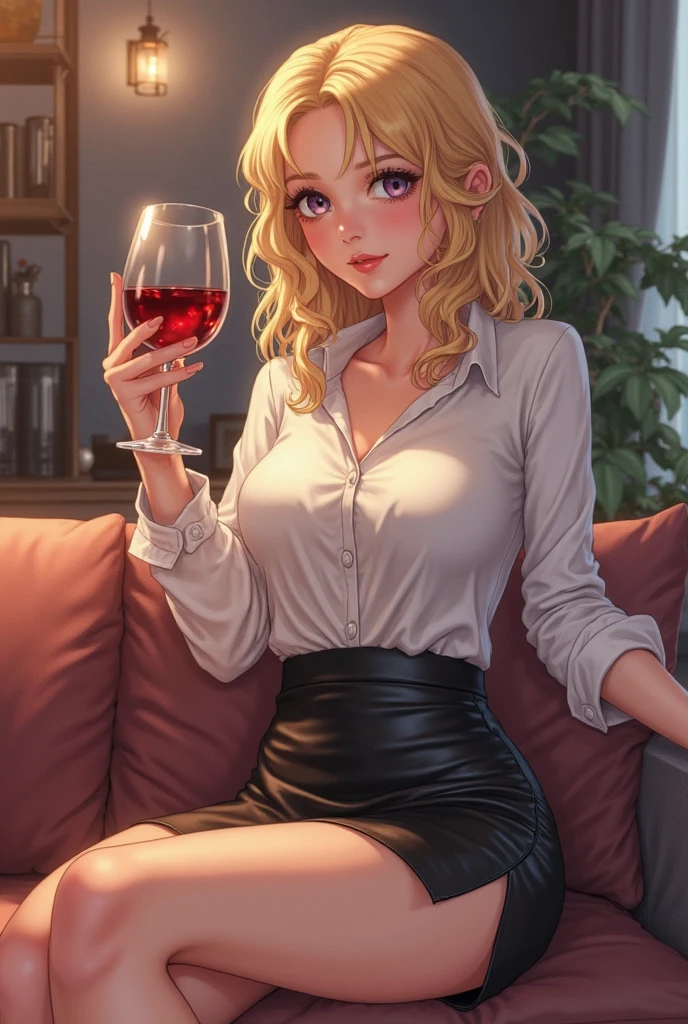 A detailed image of an 1 woman with light blonde wavy hair, sitting in a fancy restaurant at night. He has a sweet expression on his face, with blue eyes and a defiant look. He is short in stature, with a curvy figure, especially prominent buttocks, subtly visible even while sitting. She is wearing a white sweater that delicately fits her curvy body.. The atmosphere is casual and relaxed, with warm lighting that complements your appearance while you wait to be served.