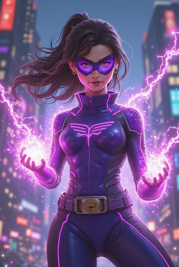 Ultra high quality, atheletic woman, super hero, beautiful detailed face, blue eyes, detailed eyes, muscular, full body, dressed in a purple leotard with black accents, purple mask covering eyes, no cape, spandex, one-piece, thigh high boots, black fingerless gloves, metal accents, metal pauldrons, pauldrons, tight gold superhero belt, large city backdrop, action pose, focusing large energy blast