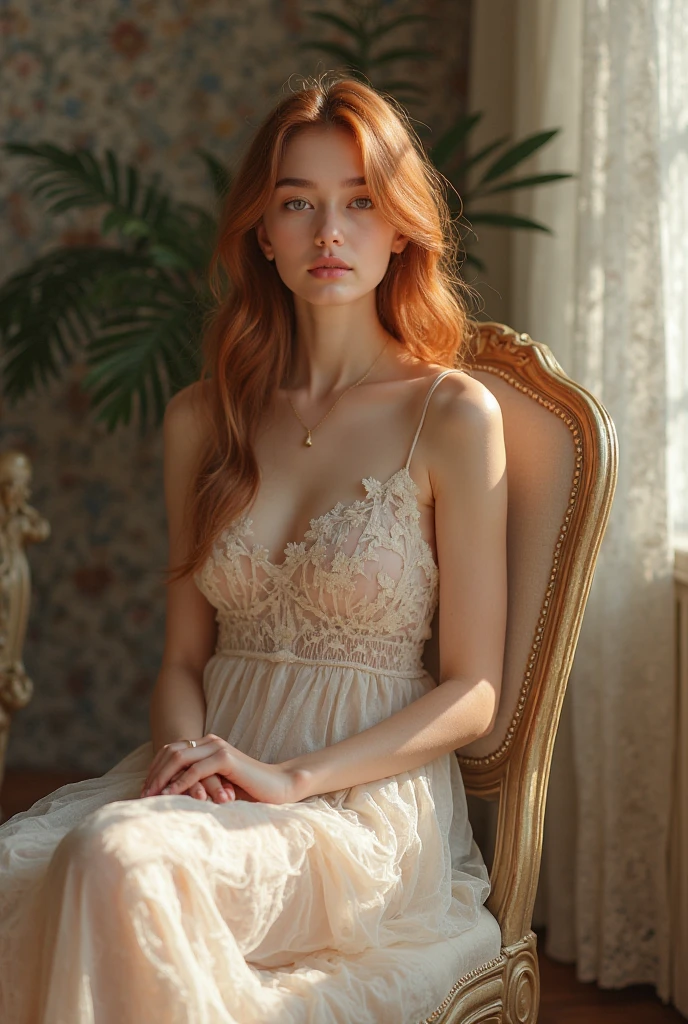1girl in, age19, Solo, Aesthetic artwork, irish redhead, wavy ginger hair, shoulder length ginger hair, gray eyes, light grey eyes, some small freckles, pale skin, A-cup, small breasts, runners body, (textured skin, skin pores:1.1), (moles:0.8), imperfect skin, goosebumps, in a dark bedroom sitting down, relaxing, innocent, (extremely detailed 8k wallpaper), (soft lighting), high quality, film grain, Fujifilm XT3 sharp focus, f 5.6, 50mm, High Detail, Sharp focus, (boudoir light), (in a yellow silk nightgown: 1.8). Silk, A yellow nightgown, lace pattern, (pokies: 1.18), crazy details, complex details, hyperdetailed