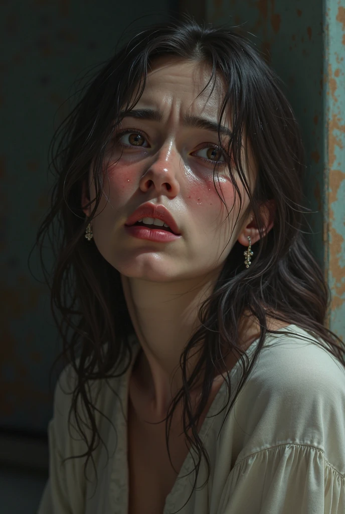masterpiece, best quality, (Ultra detail), beautiful detailed eyes, beautiful detailed lips, extremely detailed face, long eyelashes, elegant woman, flowing hair, ethereal, fantasy, intricate details, (muted color palette), dark grey hair, bust portrait, blood on skin, (wide eyed)
