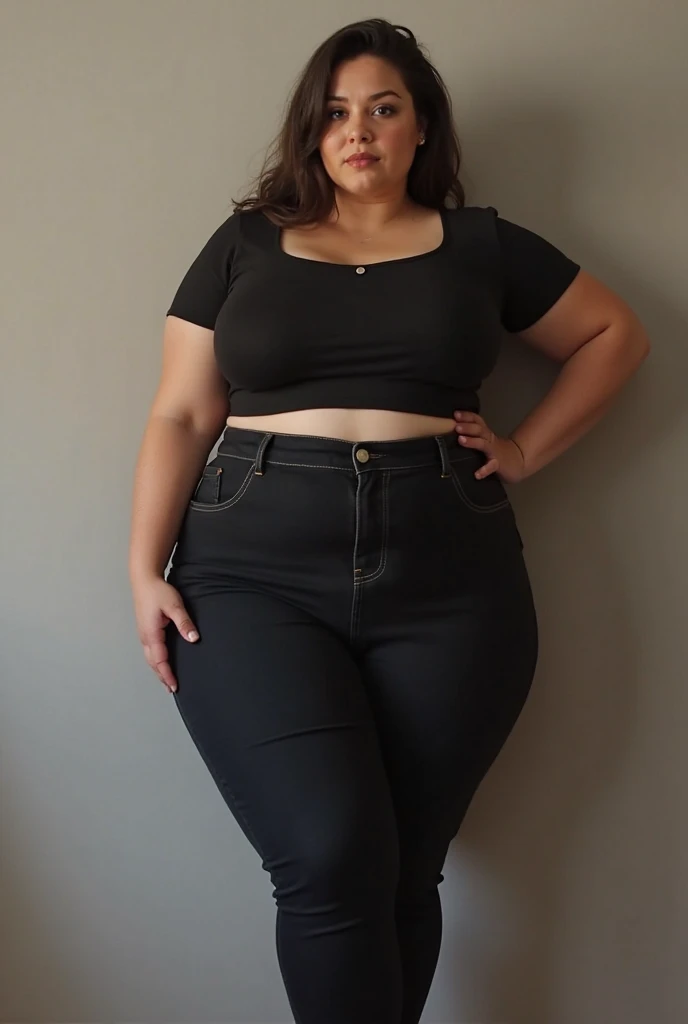 ((best quality)), ((masterpiece)), (detailed), perfect face, araffe woman in a long dark green shirt and 1/3 white denim skirt walking in black room , thicc,  wavy  short hair , she has a jiggly fat round belly, bbwchan, wearing tight simple clothes, skinny waist and thick hips, widest hips, her belly is fat and round, soft curvy shape, hyperrealistic full figure, wearing a cute top, wide hips, wearing 10 bracelet , wearing huge diamond necklace , slightly fat cheeks , glasses 