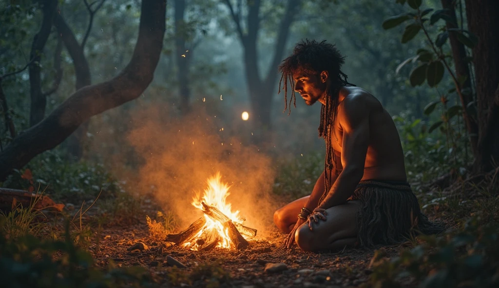 A Thai hunter sits in front of a fire at night in the forest