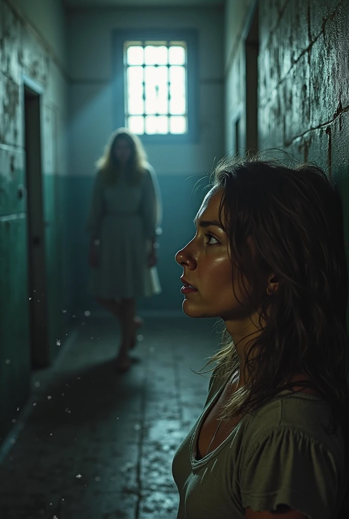 (medium full shot) of (medium full shot , birdâs eye view) of terrified victim exploring a dark place, detailed face, located in a horrifying scene at a dilapidated haunted library during foggy morning with stormy weather, illuminated by spectral light, creating a suspenseful atmosphere, ,Masterpiece,best quality, photo, realistic, very aesthetic