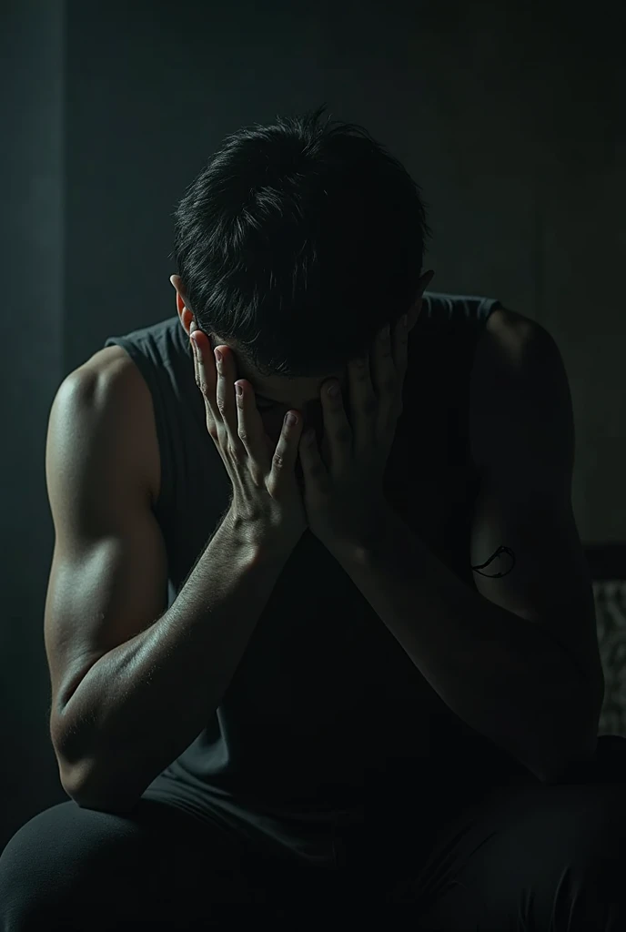 Man crouching with face covered in semen and a penis in front of him.