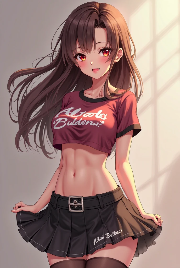 1girl, single girl, burgundy hair, dirty hair, dark skin, tanned skin, green eyes, big breasts, wide hips, tight jeans, flirty pink crop top, at a university