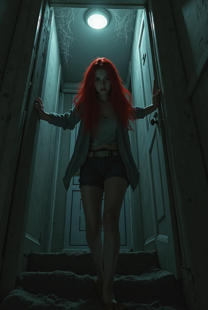 red-haired woman,com penteado pigtails,with black and red clothes,fully body,background walking in the dark,looking forward in anger
