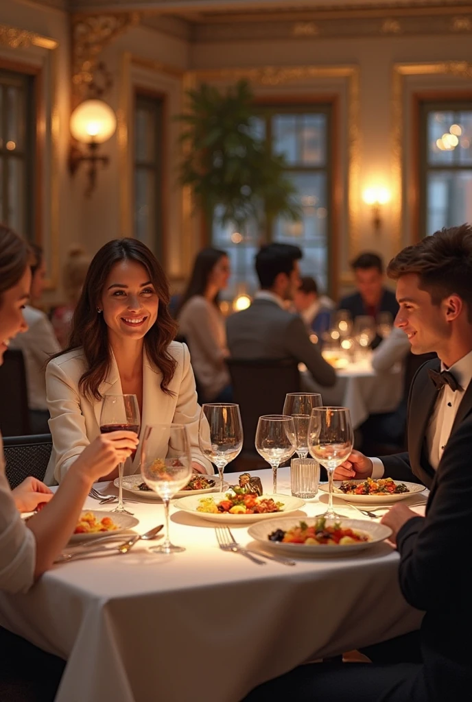 In one family there is a mother  father a son and three daughters they are all dressed in elegant red clothes and are having dinner in restarant