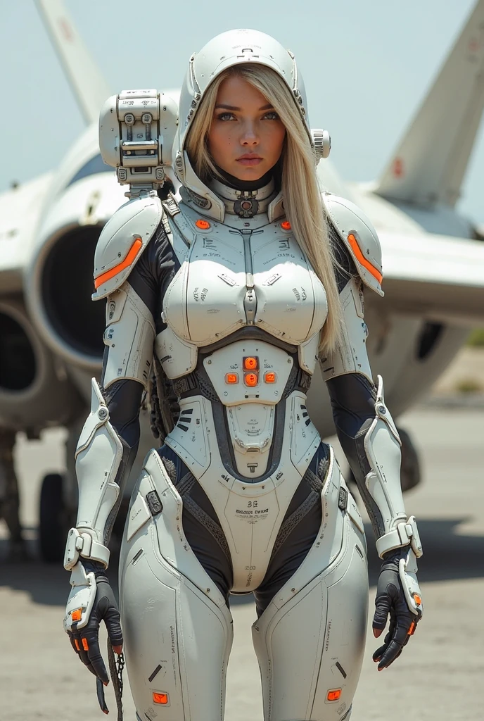 18 years old Italian lady, ((full body)), ((nude)), blond, blue eyes, heavily armored in white color to fight with robots, beautiful chest, standing in the battle field, with her legs spread apart, zoom in from front below