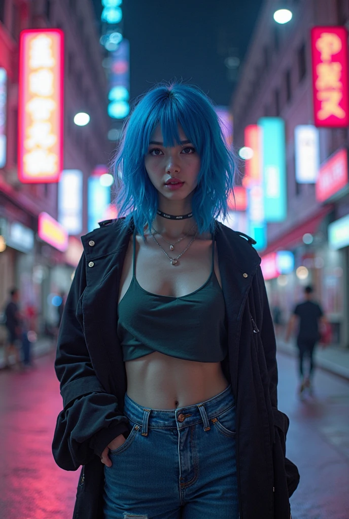 1 topless girl, black panties, blue_hair, building, city, cityscape, hair_between_eyes, jacket, looking_at_viewer, medium_hair, multicolored_hair, multiple_boys, night, off_shoulder, outdoors, road, skyscraper, smile, solo_focus, street