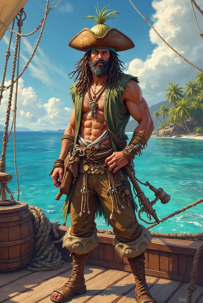Create an underwater pirate holding a tree with a red bandana covering the lower part of his face, with his blue right eye