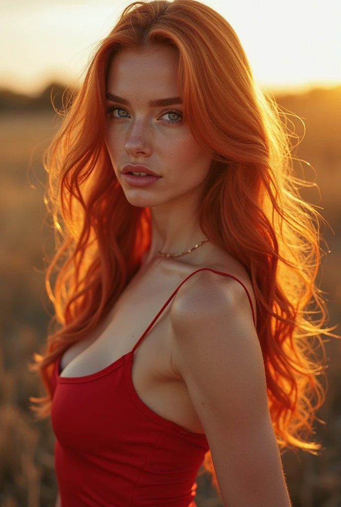 A golden orange redhead woman, with long, wavy hair down to her hips; big green eyes, like a leaf; pink mouth with a slightly exaggerated smile; Round face. Wearing a tight, black, neckless shirt, and a pair of military green wide-leg pants, and a dirty sneaker; Bullish, breasts small, big-ass, thick thighs and hourglass body, Introverted and courageous personality.