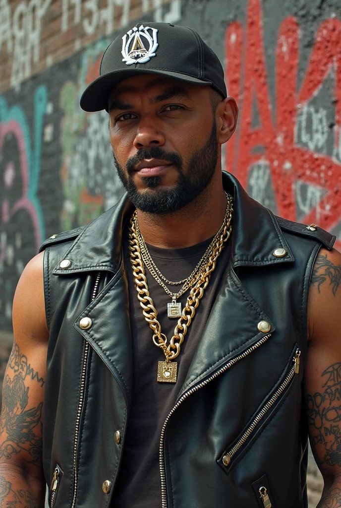 (film grain),Adult male, African descent, casual style, black tank top, grey jeans, lean physique, right hand leaning on wall, serious expression, looking at camera, outdoor, day time, durag, silver chain necklace, dog tag pendant, silver hoop earring, stubble beard, dark green door background, natural light, relaxed pose, street fashion, urban setting.,