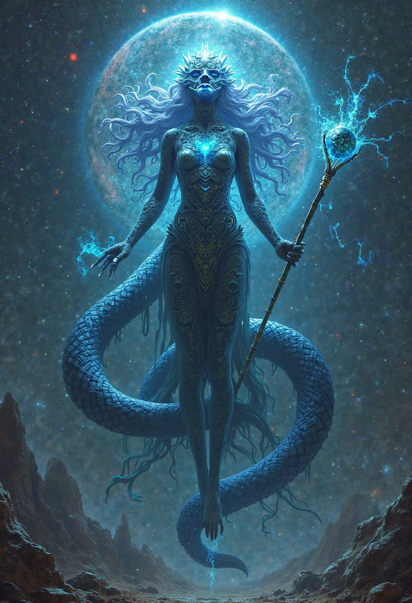 Queen Medusa is described in Greek mythology as a beautiful and terrifying monster. She has blue eyes, long blonde hair, and seductive lips, but a cloud of poisonous snakes on her head makes her appearance terrifying. She has a strong build, well-defined muscular lines, is over 6 feet tall, and her body is also described as covered in scales. Overall, Queen Medusa is a mysterious and contradictory image --auto --s2