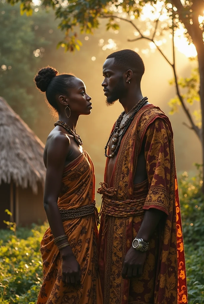 Ethiopian black guy bowing to an ethiopian queen at dusk time in an ethiopian village