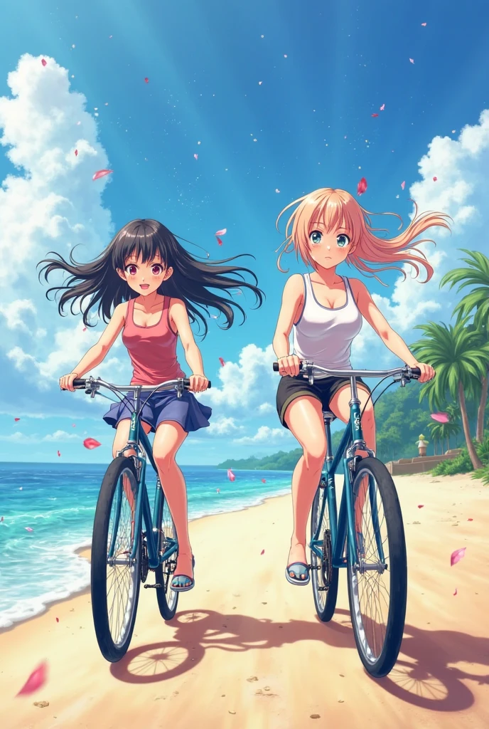 two women riding bikes in a wooded area, shutterstock, wearing white camisole, white miniskirt, stock photo, outdoor photo