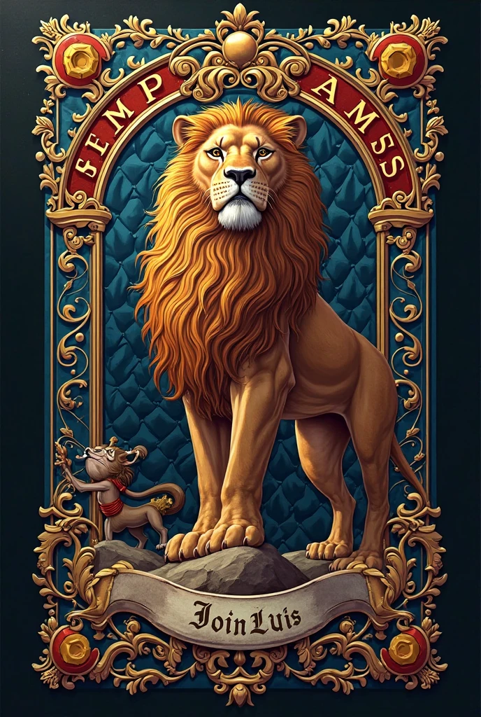 Color illustration of a well-muscled lion on its hind legs, its stance proud and dominant with its paws positioned assertively. The lion is accompanied by the phrase 'HAPPY HALLOWEEN' in bold letters.